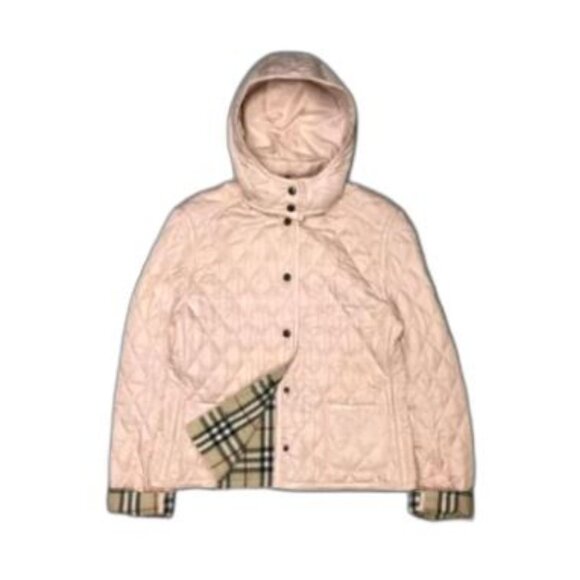 Burberry Pink Quilted Jacket Remove Hood Nova Check XL 14 Children Womens XS 0 2 - Picture 1 of 7